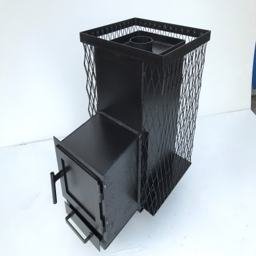 Sauna stove, mesh for stones 3 sides 14-18 m / cu., Door with glass, heat exchanger